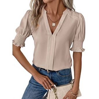 Women's Dressy Casual Puff Short Sleeve Top Summer V Neck Loose Tunic Blouses Shirt