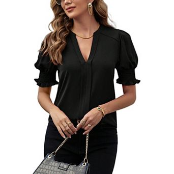 Women's Dressy Casual Puff Short Sleeve Top Summer V Neck Loose Tunic Blouses Shirt