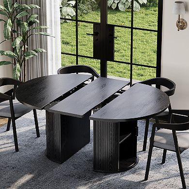 Extendable Round Dining Table w/2-Tier Storage Shelf & Drawer,47.5 to 63In Expandable Kitchen Table