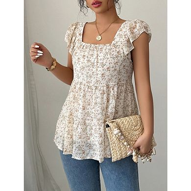 Women's Square Neck Ruffled Sleeve Top Floral Patchwork Waist Fashion Top