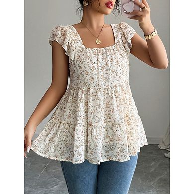 Women's Square Neck Ruffled Sleeve Top Floral Patchwork Waist Fashion Top