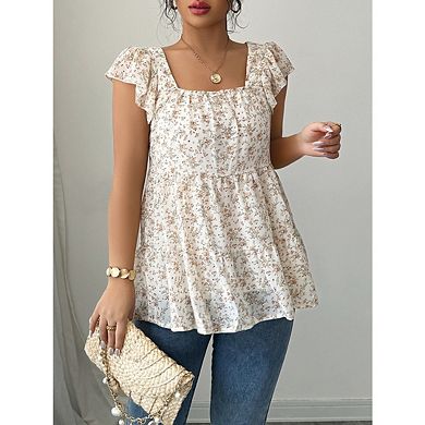 Women's Square Neck Ruffled Sleeve Top Floral Patchwork Waist Fashion Top