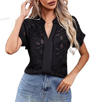 Women's Lace V Neck Elegant Casual Shirt Top with Ruffle Sleeves