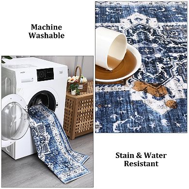 lxt-Washable Rug Vintage Distressed Rug Non Slip Accent Throw Rug for Dining Room