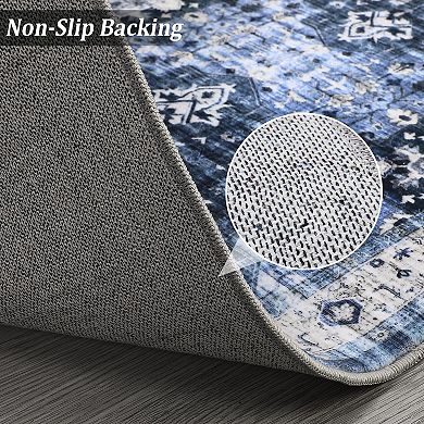 lxt-Washable Rug Vintage Distressed Rug Non Slip Accent Throw Rug for Dining Room