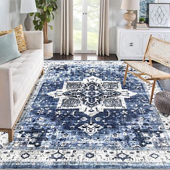 lxt-Washable Rug Vintage Distressed Rug Non Slip Accent Throw Rug for Dining Room