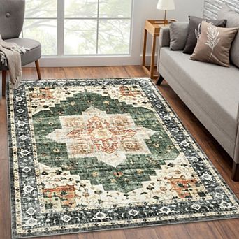 lxt-Washable Rug Vintage Distressed Rug Non Slip Accent Throw Rug for Dining Room
