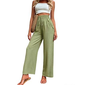 Womens Drawstring High Waist Straight Wide Leg Casual Long Pants Button Pockets Summer Fall Trousers