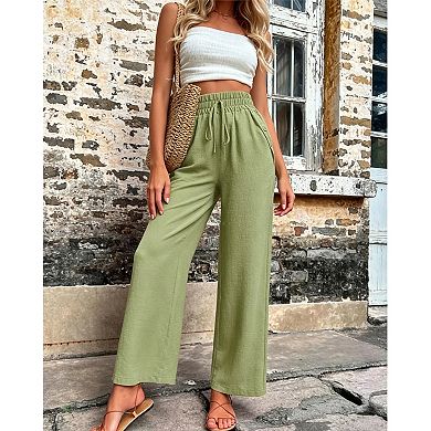 Womens Drawstring High Waist Straight Wide Leg Casual Long Pants Button Pockets Summer Fall Trousers