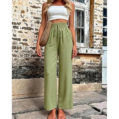Womens Drawstring High Waist Straight Wide Leg Casual Long Pants Button Pockets Summer Fall Trousers