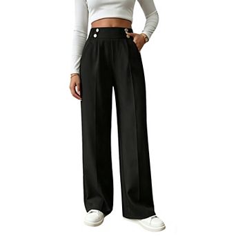 Women's High Waist Straight Wide Leg Long Pants Summer Casual Button Trousers With Pockets