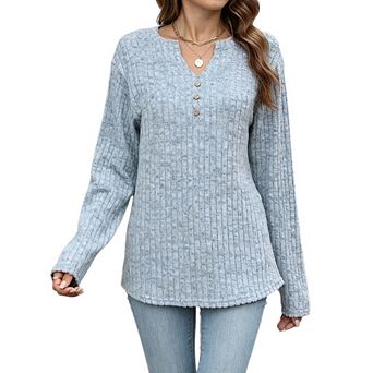Women's Henley V Neck Ribbed Long Sleeve Top Brushed Fleece Button Front Loose Casual Tunic Shirt