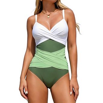 Women One Piece Swimsuit Color Block Cross Wrap Bathing Suit with Tummy Control