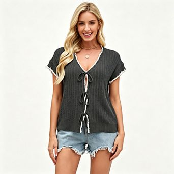 KOJOOIN Women Short Sleeves V Neck Knit Cardigan Lace Up Color Block Trim Casual Tops