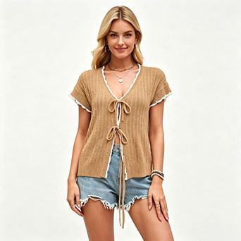 KOJOOIN Women Short Sleeves V Neck Knit Cardigan Lace Up Color Block Trim Casual Tops