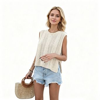 KOJOOIN Women Sleeveless Cable Knit Vest Sweater Casual Loose Fit Round Neck Side Slit Tops