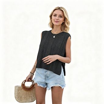 KOJOOIN Women Sleeveless Cable Knit Vest Sweater Casual Loose Fit Round Neck Side Slit Tops