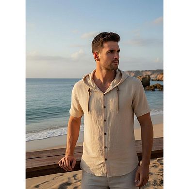 Men Hooded Linen Blend Full Button Short Sleeve Vacation Shirt