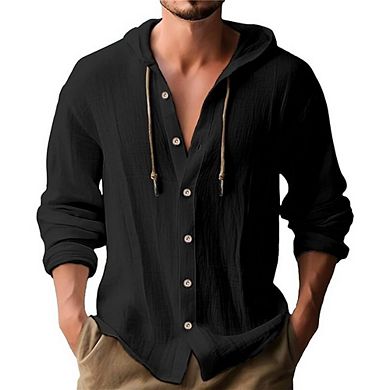 Men Hooded Linen Blend Full Button Short Sleeve Vacation Shirt