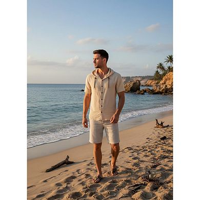 Men Hooded Linen Blend Full Button Short Sleeve Vacation Shirt