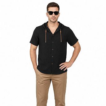 Men Hooded Linen Blend Full Button Short Sleeve Vacation Shirt