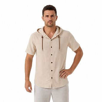 Men Hooded Linen Blend Full Button Short Sleeve Vacation Shirt