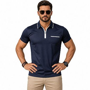 Men Quarter Zip Tipped Collar Pocket Short Sleeve Summer Tops