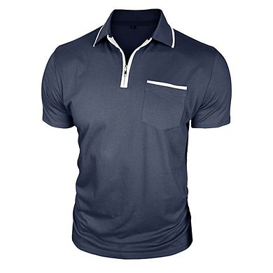 Men Quarter Zip Tipped Collar Pocket Short Sleeve Summer Tops