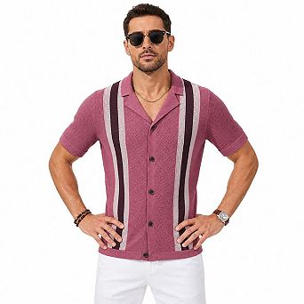 Men Cuban Collar Vertical Stripe Hollow Knit Full Button Short Sleeve Vacation Shirt