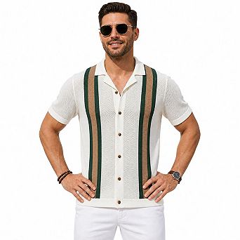Men Cuban Collar Vertical Stripe Hollow Knit Full Button Short Sleeve Vacation Shirt