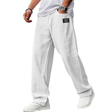 Men Light Textured Linen Blend Wide Leg Casual Drawstring Waist Pants With Label