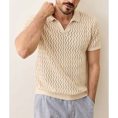 Men V Notch Collar Chevron Hollow Knit Short Sleeve Casual Summer Top