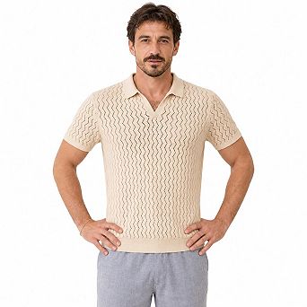 Men V Notch Collar Chevron Hollow Knit Short Sleeve Casual Summer Top