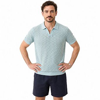 Men V Notch Collar Chevron Hollow Knit Short Sleeve Casual Summer Top
