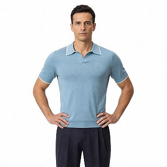 Men Tipped Collar Fine Knit Short Sleeve V Notch Casual Smart Top