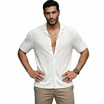 Men Cuban Collar Textured Knit Short Sleeve Button Front Casual Summer Shirt