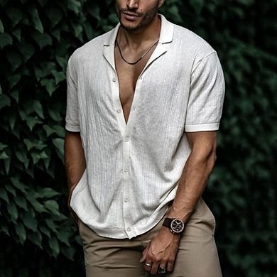 Men Cuban Collar Textured Knit Short Sleeve Button Front Casual Summer Shirt