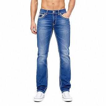 Men Contrast Stitch Washed Straight Leg Denim Jeans Mid Waist Classic Denim Pants