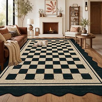 lxt-Scalloped Jute Area Rug Modern Checkered Design Washable Non-Slip Carpet for Living Room Bedroom