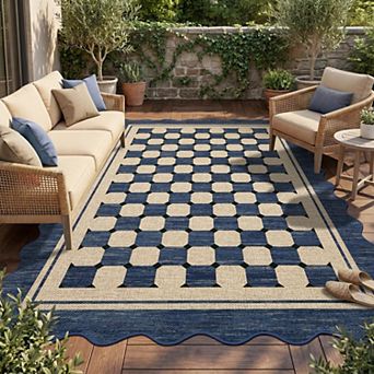 lxt-Scalloped Jute Area Rug Modern Checkered Design Washable Non-Slip Carpet for Living Room Bedroom