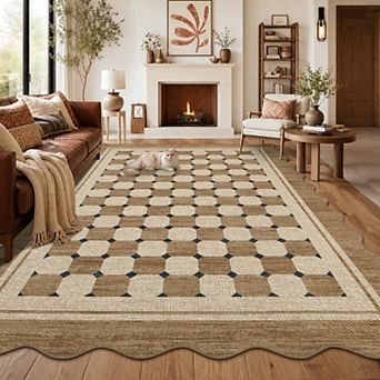 lxt-Scalloped Jute Area Rug Modern Checkered Design Washable Non-Slip Carpet for Living Room Bedroom