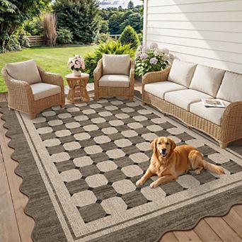 lxt-Scalloped Jute Area Rug Modern Checkered Design Washable Non-Slip Carpet for Living Room Bedroom