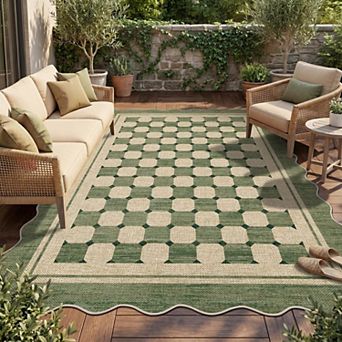 lxt-Scalloped Jute Area Rug Modern Checkered Design Washable Non-Slip Carpet for Living Room Bedroom