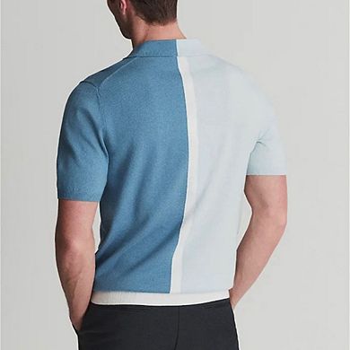 Men Split Color Block Collared Short Sleeve Knit V Neck Casual Summer Top
