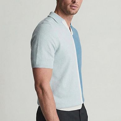Men Split Color Block Collared Short Sleeve Knit V Neck Casual Summer Top