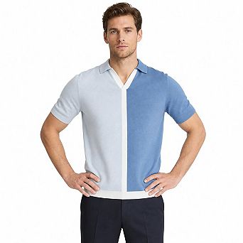 Men Split Color Block Collared Short Sleeve Knit V Neck Casual Summer Top