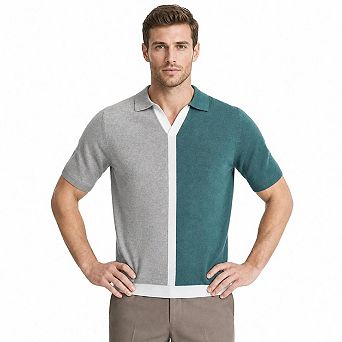 Men Split Color Block Collared Short Sleeve Knit V Neck Casual Summer Top
