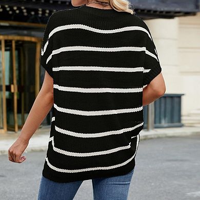 Womens Knit Short Cap Sleeve Sweater Striped Crew Neck Casual Pullover Tops