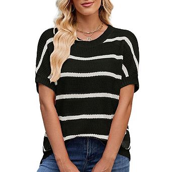 Womens Knit Short Cap Sleeve Sweater Striped Crew Neck Casual Pullover Tops