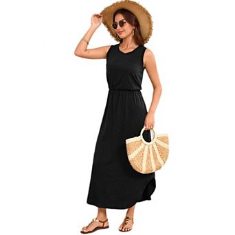 Womens Summer Midi Dress Crew Neck Elastic Waist Side Slit Casual Sundress Beach Cover Up Dresses